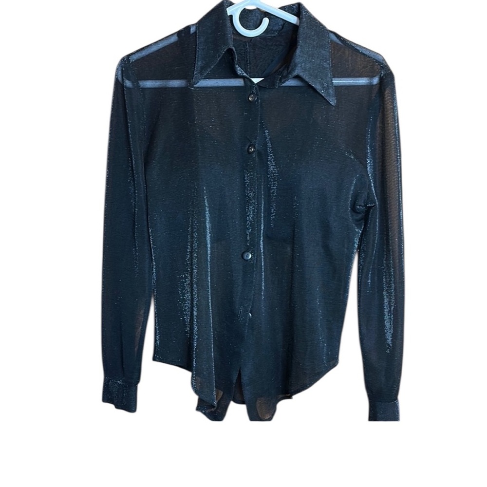 Sheer Black Shimmer Button-Up Long Sleeve Shirt